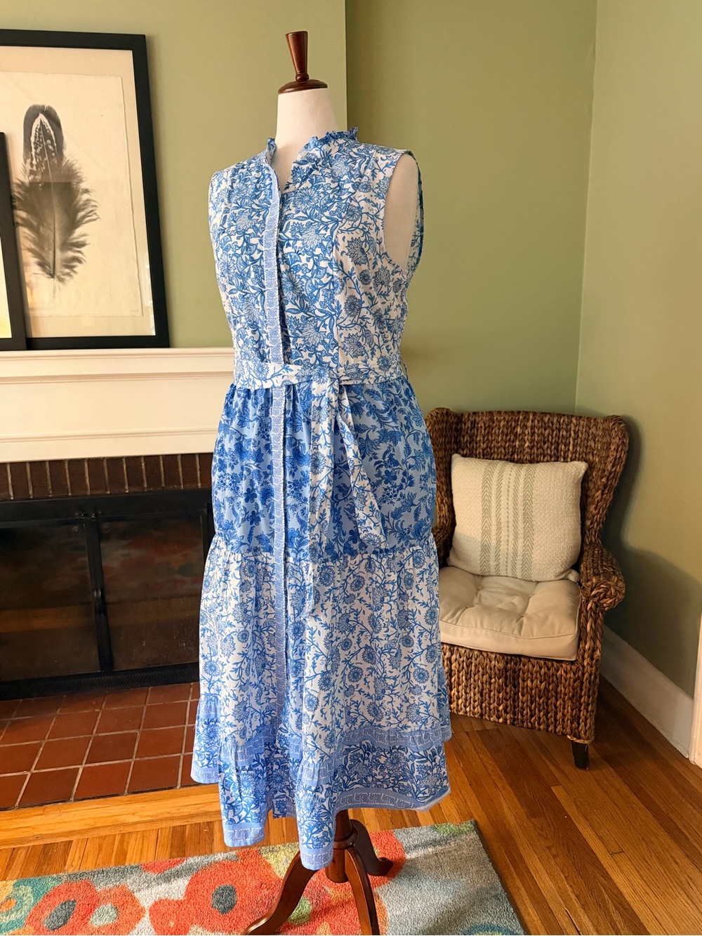 CeCe Blue & White Floral Tiered Cotton Belted Full Button-Front Midi Dress - XL